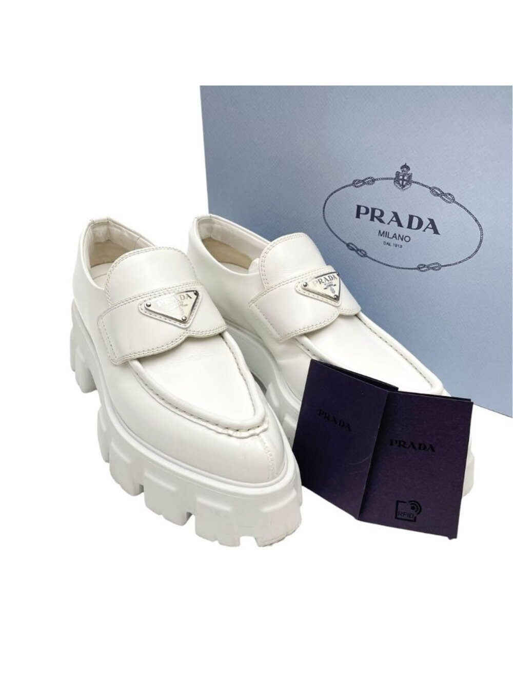 Prada Leather Triangle Plate Logo Loafers White